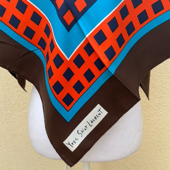 Vintage Yves Saint Laurent silk orange, brown, blue square scarf - Picture 3 of 7